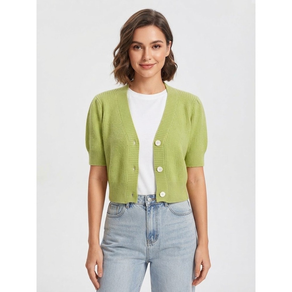 SHEIN Cardigan Womens Large Green Excellent Ribbed Puff Sleeve Cropped Sweater